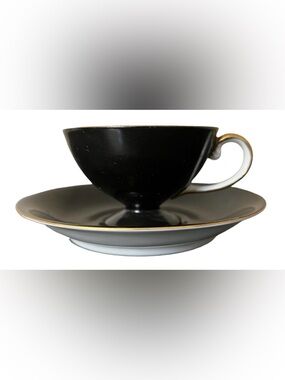 Vintage Mid Century Noritake Teacup & Saucer - Piano Black Gloss, 1950s.